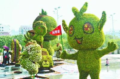 首義廣場菊展會場，“園博會”概念的扎景已基本完成